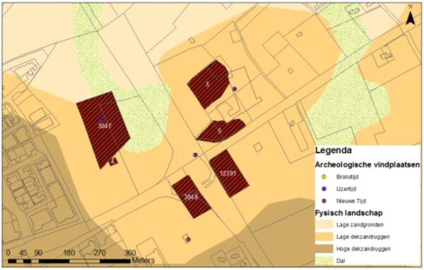 De archeologisch zeer waardevolle gebieden rond de Hees in Eersel geprojecteerd op het fysie-ke landschap met de aanwezige archeologische vindplaatsen. De nummers correspon¬deren met de monumentnummers.