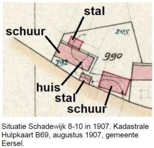 Situatie Schadewijk 8-10 in 1907. Kadastrale Hulpkaart B69, augustus 1907, gemeente Eersel.